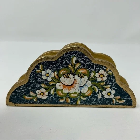 Vintage Blue Wood Napkin Hand Painted White Flowers Double Sided Gold Tone - Picture 3 of 8